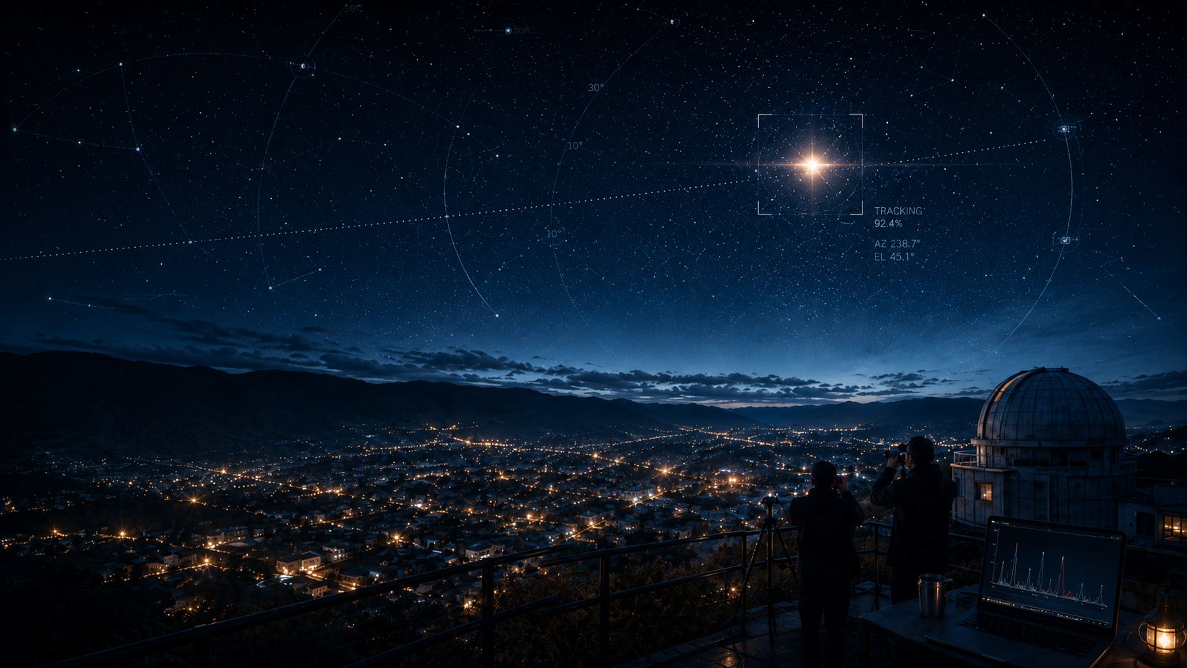天文台から夜空を観測する人々と、眼下に広がる街の明かり